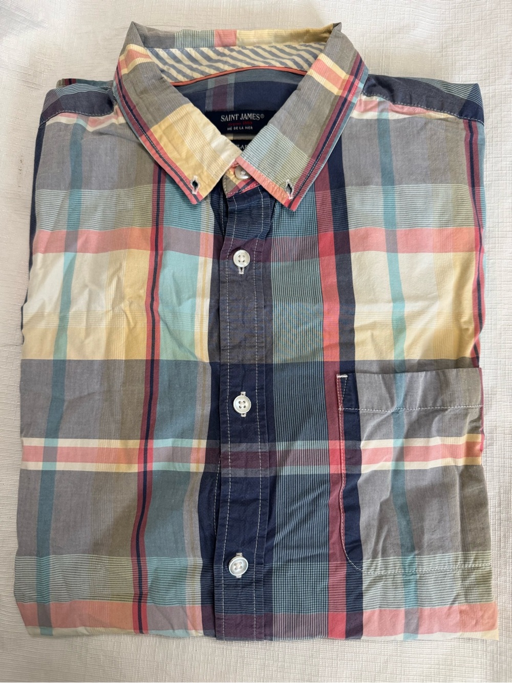 Saint James Pastel Plaid Button-Down Shirt in Blue, Pink & Yellow
